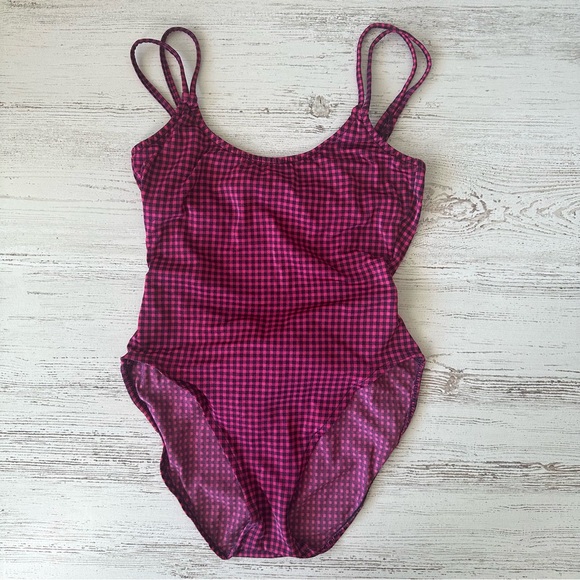 VINTAGE 80s Gingham High Cut Bow One Piece Swimsuit Dunkis of New York Hot Pink - Picture 2 of 14